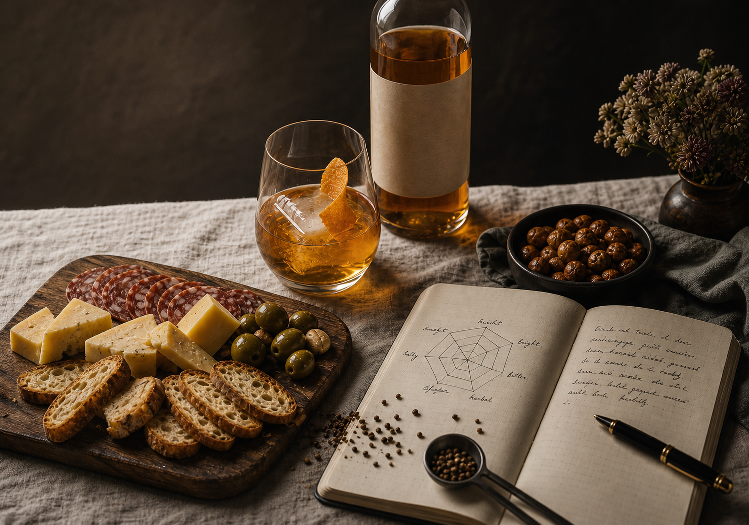 A dark tasting table with an amber pour, bread, cheese, olives, nuts, and an open flavor notebook.